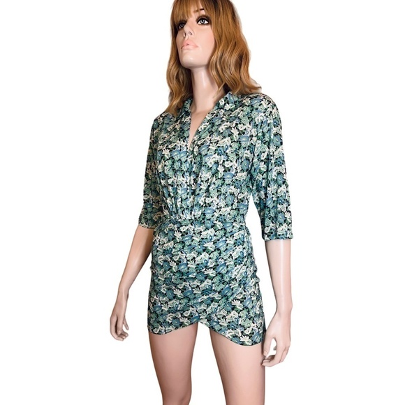 Pull & Bear Mini Dress Floral Faux Wrap front Side Ruching Deep Plunge Neck - Picture 4 of 16